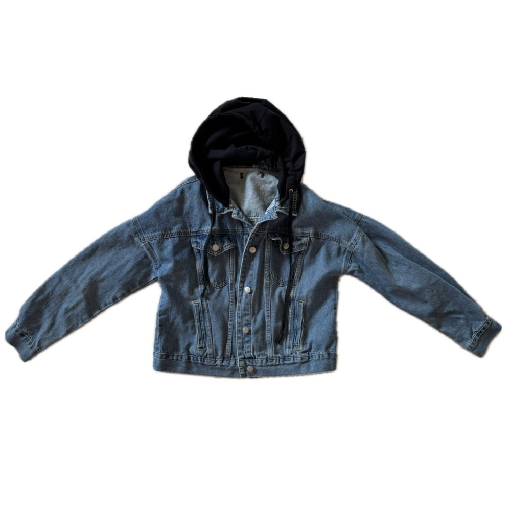 Forever 21 Blue Jean Jacket with Black Sweatshirt Hood Size S